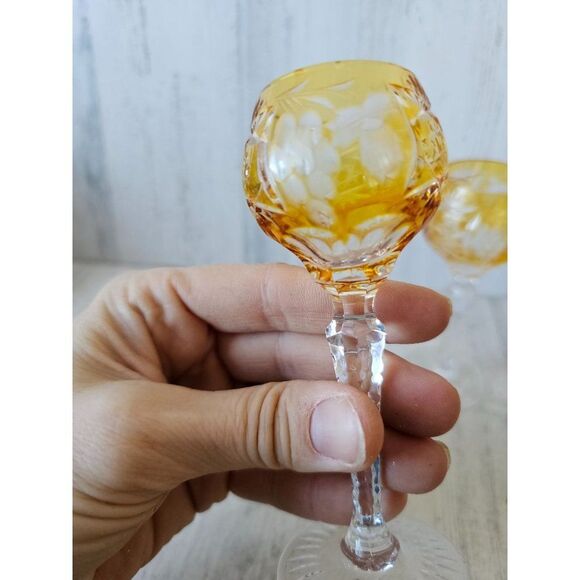 Vintage czech cut glass‎ yellow mini cordial glasses shot wine - Picture 6 of 9